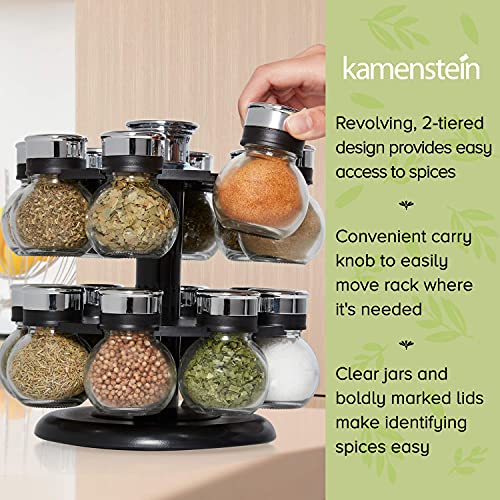 Kamenstein 16 Jar Ellington Revolving Countertop Spice Rack with Lift & Pour Caps and Spices Included, FREE Spice Refills for 5 Years: Black and Chrome