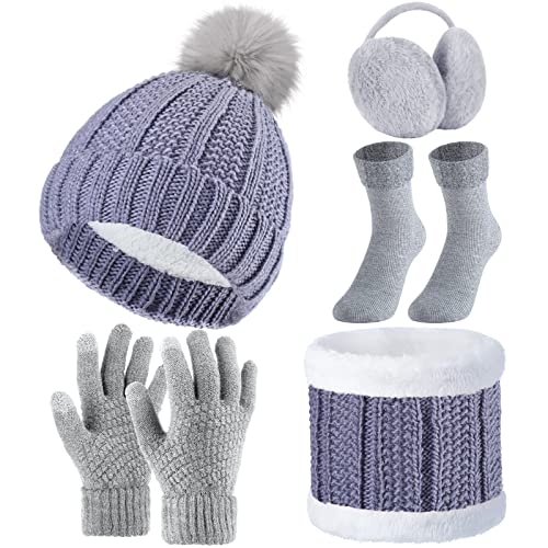 SATINIOR 5 Pcs Winter Hat Scarf Gloves Set Knit Beanie Pompom Hat Warm Touch Screen Gloves Earmuff Warmer Stocking for Women(Grey,Classic Style)