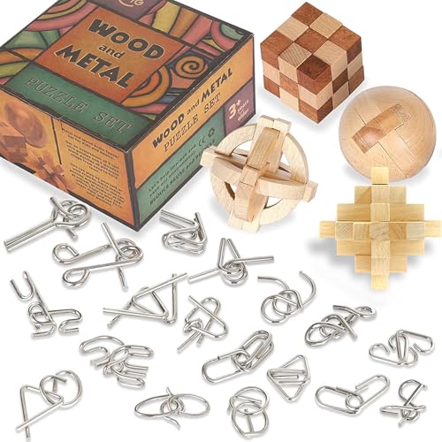 Brain Teasers Metal Puzzles for Kids & Adult 22Pack, Mind, Logic and IQ Game Test Toy for Teens, Disentanglement 3D Coil Cast Wire Chain Intelligence Toy for Party & Office, Puzzle Travel Games (Hard)