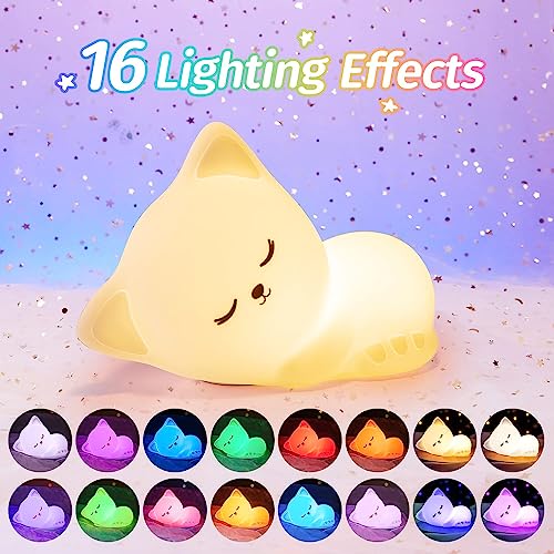 Night Light for Kids Lamp Cute Lamp, 16 Colors+Tap+Silicone Kids Night Light for Kids Night Light,USB Rechargeable Cat Night Lights for Kids Room,Girls Bedroom Decor Cat Decor Nightlight for Kids Room