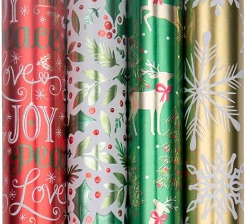 JAMPaper Assorted Gift Wrap - Christmas Foil Wrapping Paper - 100 Sq Ft Total - Elegant Merry Christmas Reindeer Set - 4 Rolls/Pack