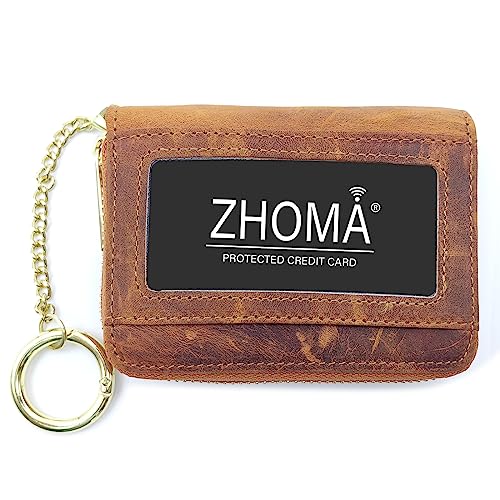 ZHOMA RFID Blocking Genuine Leather Credit Card Case Holder Security Travel Wallet With Removable Keychain ID Window (NEW) - Brown 01