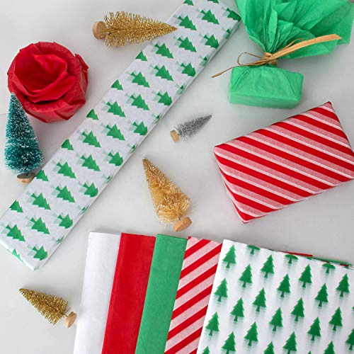 Blisstime Christmas Tissue Paper Gift Wrapping Paper, 120 Sheets, 13.5" X 19.5", White, Red, Green, Red Stripe, Christmas Trees Design