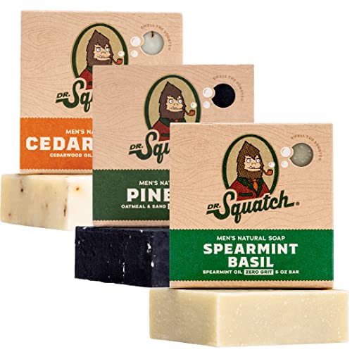 Dr. Squatch All Natural Bar Soap for Men, 3 Bar Variety Pack, Pine Tar, Cedar Citrus and Spearmint Basil