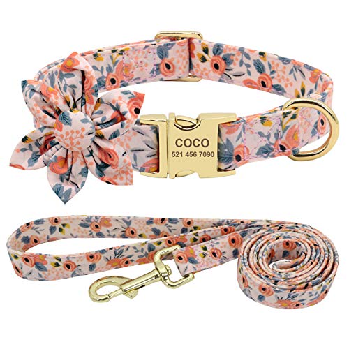 Beirui Custom Flower Girl Dog Collar and Leash Set for Female Dogs- Floral Pattern Engraved Pet Collars with Personalized Gold Buckle(Orange Pattern,S)