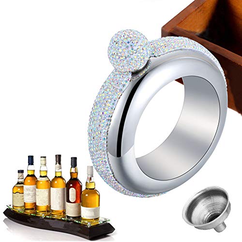 Qingo Bracelet Flask Bangle Flasks Creative Stainless 304 Steeland Hip Flask Funnel Set For Women 3.5 oz (Sliver With Rhinestones Lid)