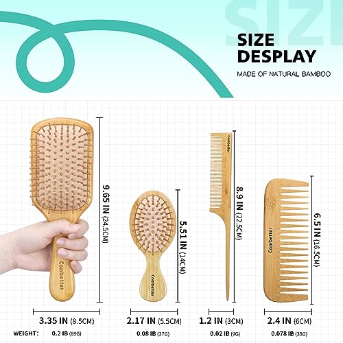 100% Bamboo Hair Brushes and Comb Set by Combetter, Comb for Women and Detangling, Great on All Hair, Eco-Friendly and Handmade for Women Men and Kids