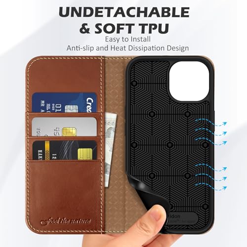 SHIELDON Case for iPhone 15 5G 2023, Genuine Leather Wallet Book Case Magnetic RFID Blocking Credit Card Holder Kickstand Shock Absorbing Case Compatible with iPhone 15 6.1" - Retro Brown