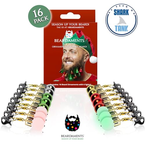 BEARDAMENTS Beard Lights - The Original Light Up Beard Ornaments, 16pc Colorful Christmas Facial Hair Baubles for Men in The Holiday Spirit with Clip for Easy Beard Attachment