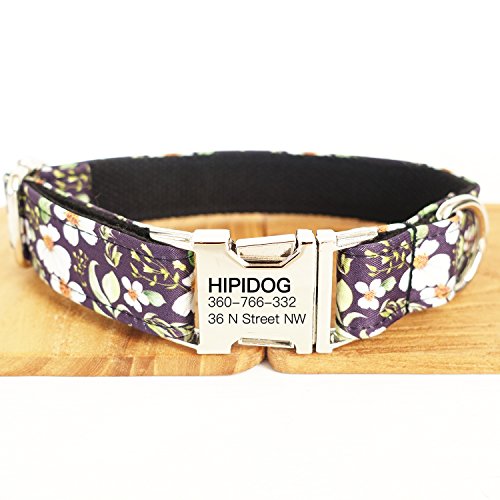 hipidog Personalized Dog Collar, Custom Engraving with Pet Name and Phone Number, Adjustable Tough Nylon ID Collar, Matching Leash Available Separately (Black Purple Flower)