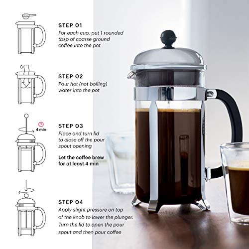 Bodum 34oz Chambord French Press Coffee Maker, High-Heat Borosilicate Glass, Stainless Steel, Black – Made in Portugal