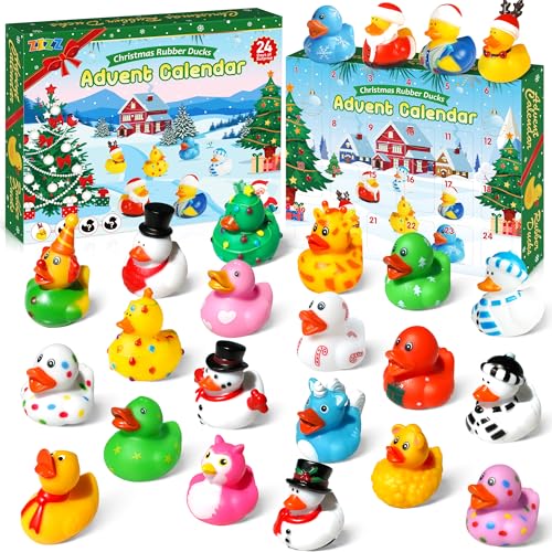 ZIZZ Advent Calendar 2024 Christmas Rubber Ducks - 24 Days Christmas Countdown Calendar Gifts for Kids Girl Boy Holiday Fun Duck Bath Toy for Toddler Baby Kids Party Favors Xmas Surprise Gift Idea