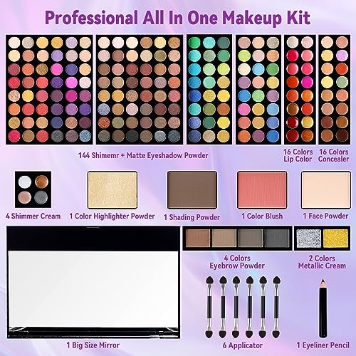 Women Makeup Sets Full Kits - 190 Colors Cosmetic Make Up Gifts Combination with Eyeshadow Facial Blusher Eyebrow Powder Face Concealer Powder Eyeliner Pencil Lip Colors with Full Size Mirror All-in-One Makeup Palette Kit (SET B)