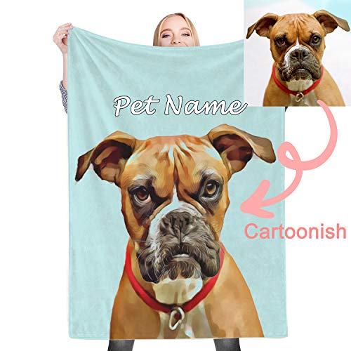 Personalized Pet Portrait Throw Blanket, Custom Cartoon Blankets with Dog Photos Customized Soft Flannel Blanket for Cat, Upload Your Image