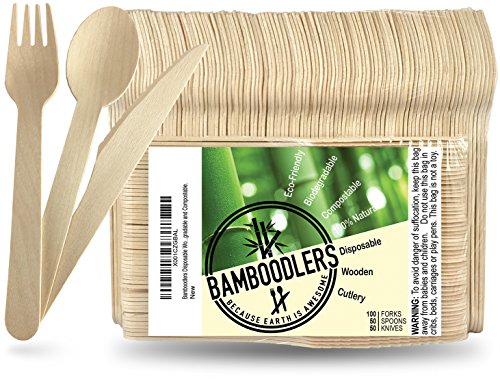 BAMBOODLERS Disposable Wooden Cutlery Set | 100% All-Natural, Eco-Friendly, Biodegradable, and Compostable - Because Earth is Awesome! Pack of 200-6.5” utensils (100 forks, 50 spoons, 50 knives)