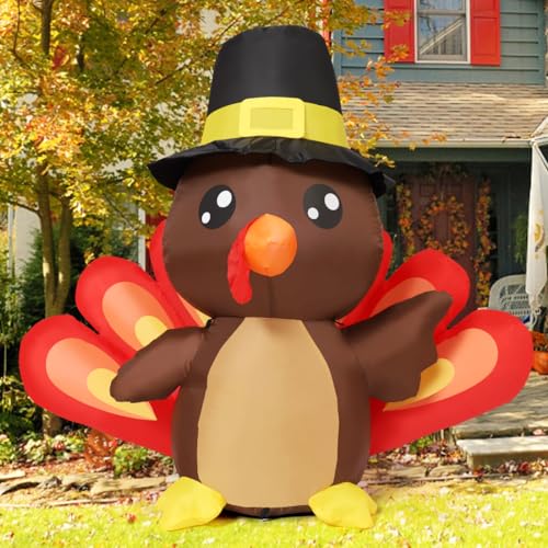 COMIN 4FT Tall Thanksgiving Inflatables Turkey Baby in Hat with Built-in LEDs Blow Up Yard Decoration for Holiday Season Party Indoor Outdoor Garden Lawn