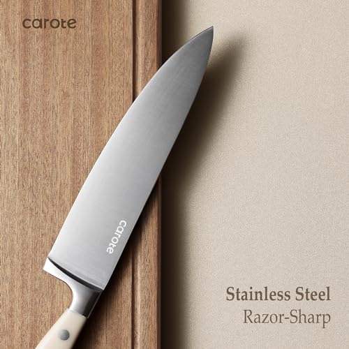 CAROTE 14 Pieces Knife Set with Block, Forged, High Carbon Stainless Steel Sharp Blade Block Knife Set, Dishwasher Safe Cutlery, Cream