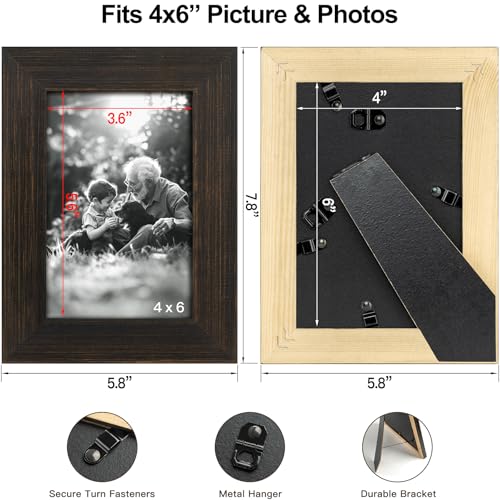 Yaetm 4x6 Rustic Wood Picture Frame Set of 2, Dark Brown Farmhouse Solid Wood Frame with Real Glass, Distressed Black Photo Frames 4 by 6 for Table Top, 2 Pack