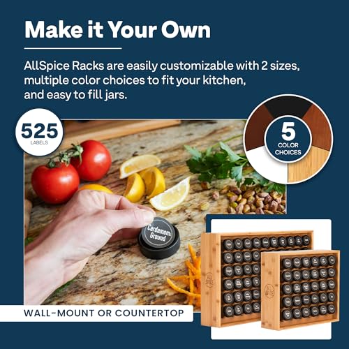 AllSpice Wood Spice Rack, Countertop or Wall Mount, Includes 30 4oz Jars- Bamboo