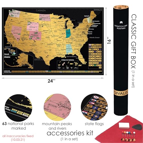 2 in 1 Gift Set - Scratch off US Map and 63 National Parks Poster - 24x16 Easy to Frame Scratchable United States of America Posters - Globetrotters Wall Map - Black and Gold Travel Tracker