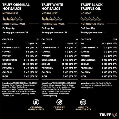 TRUFF Sampler Pack - Gourmet Hot Sauce Set of Original (6 oz), White Truffle Edition (6 oz), and Black Truffle Oil (5.6 oz), Unique Flavor Experiences with Truffle, 3-Bottle Bundle