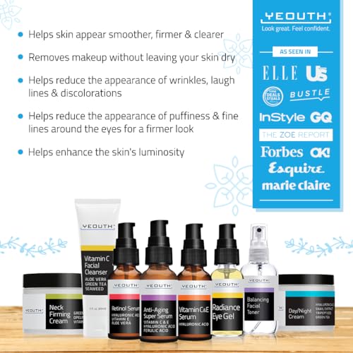 YEOUTH Skin Care Set: Retinol Serum for Face with Hyaluronic Acid, Vitamin C Serum, Face Serum, Cleanser, Toner, Eye Gel, Neck Cream, Face Cream, Gift Set for Women & Men, 8-Piece Self Care Kit