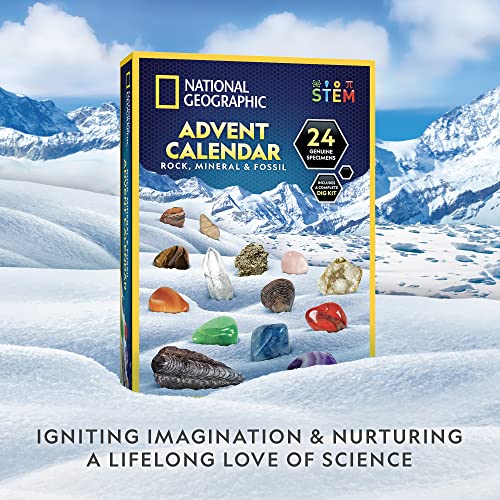 NATIONAL GEOGRAPHIC Rock Collection Advent Calendar 2024 - Advent Calendar for Kids with 24 Gemstones, Minerals & Fossils for Kids, Complete Gem & Fossil Collection Christmas Countdown Calendar