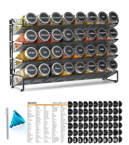 SpaceAid Spice Rack Organizer with 32 Spice Jars, 386 Spice Labels, Chalk Marker and Funnel Set for Cabinet, Countertop, Pantry, Cupboard or Door & Wall Mount - 32 Jars, 15.3" W × 10.8" H, Black