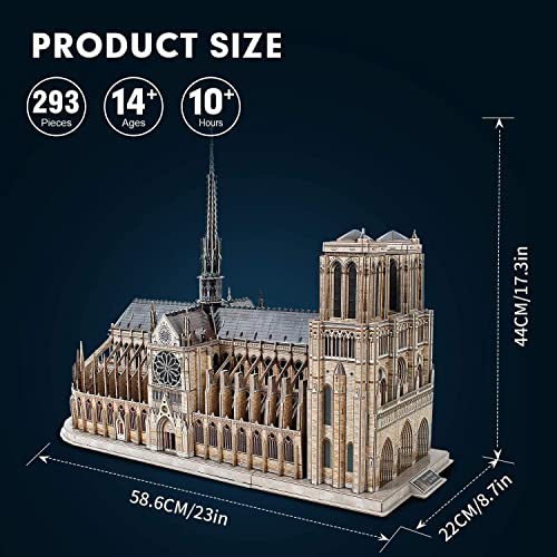 CubicFun 3D Puzzle for Adults Moveable Notre Dame de Paris Church Model Kits Large Challenge French Cathedral Brain Teaser Architecture Building, 293 Pieces Christmas Decorations