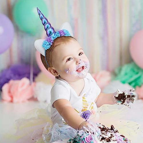 YanJie Unicorn Headband for Girls Shiny Blue Horn Headband Ears Flower Headband Cosplay Costume Accessory Unicorn Horn Headwear for Girls Rave Costume