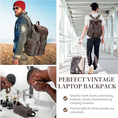 JIELV Vintage Leather Canvas Backpack, Waxed Canvas Shoulder Rucksack with Toiletry Shoulder Rucksack for Traveling, Camping, Hiking,Business College Fits 17inch Laptop,Grey