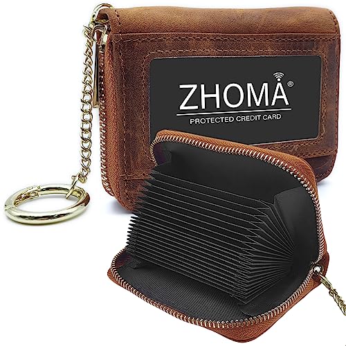 ZHOMA RFID Blocking Genuine Leather Credit Card Case Holder Security Travel Wallet With Removable Keychain ID Window (NEW) - Brown 01