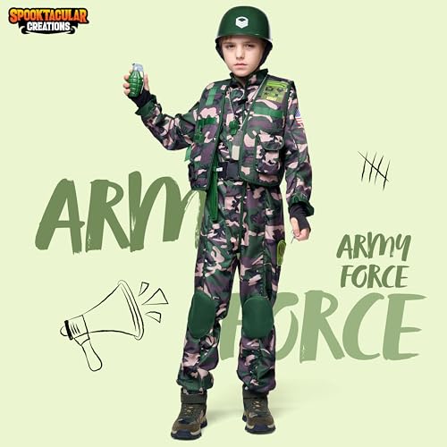 Spooktacular Creations Kids Army Special Forces Costume, Camo Trooper Costume Outfit for Kids, Halloween Dress Up, Role-Playing, and Carnival Cosplay (Medium (8-10 yr))