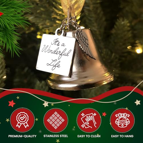 It's a Wonderful Life Inspired Christmas Angel Bell Ornament with Stainless Steel Angel Wing Charm. New Larger Size and Now Comes with 2 Interchangeable Ribbons. (Stainless Steel)