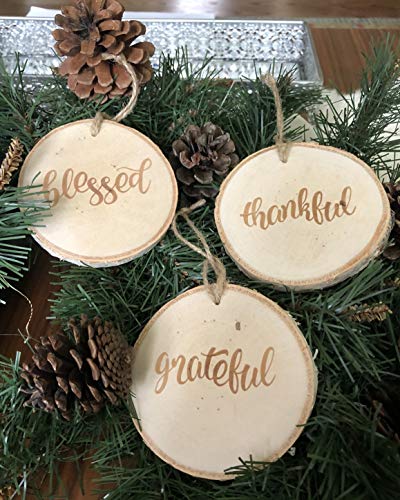 Set of 3 Large Oak Christmas Ornaments - Hand-Painted Wooden Christmas Tree Decorations - Perfect Xmas Ornaments Mini Gift Sets for Family (Thankful, Grateful & Blessed)