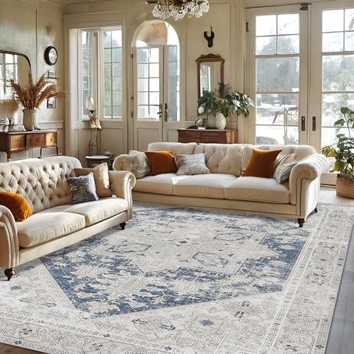 8x10 Area Rugs Washable Rug: Ultra Soft Vintage Large Rugs for Living Room, Non-Slip Foldable Machine Washable Area Rugs, Low Pile Indoor Floor Carpet for Bedroom, Nursery, Farmhouse (8'x10', Blue)