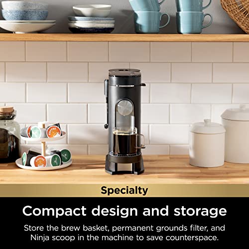 Ninja Pod & Grounds Specialty Single-Serve Coffee Maker, K-Cup Pod Compatible, Brews Grounds, Compact Design, Built-In Milk Frother, 56-oz. Reservoir, 6-oz. Cup to 24-oz. Mug Sizes, Black, PB051