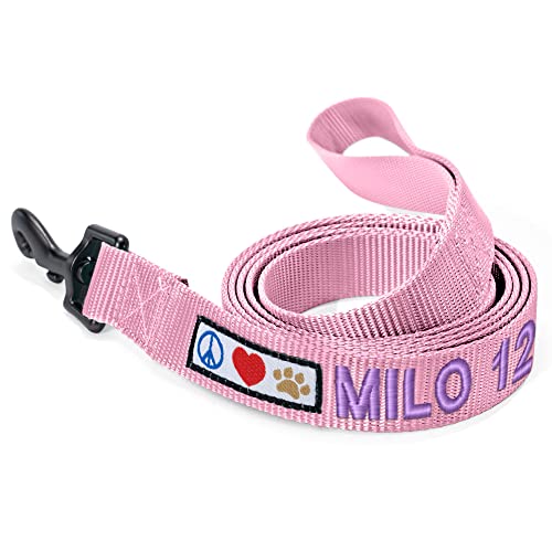 Pawtitas Personalized Dog Leash Embroidered Customize Leash with your Pet Name & Phone Number Leash Puppy Leash 6 ft long dog leash puppy Medium Leash Large Leash Leash Light Pink Custom Engraved Name