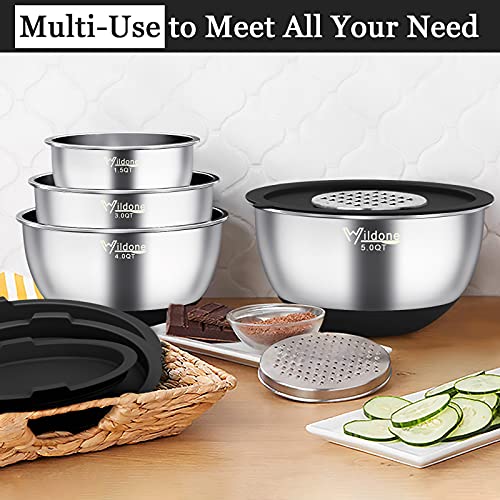 Wildone Mixing Bowls with Airtight Lids, 22 PCS Stainless Steel Nesting Bowls, with 3 Grater Attachments, Scale Marks & Non-Slip Bottom, Size 5, 4, 3, 2,1.5, 0.63QT, Ideal for Mixing & Prepping