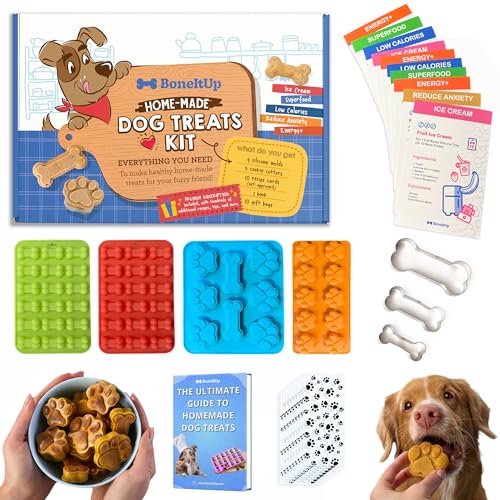 BoneItUp Homemade Dog Treats Set Silicone Molds Cookie Cutters with Healthy Vet Approved Recipes, Puppy Treats with Paws & Bones Food Grade Silicone Trays and for Candy and Dog Ice Cubs