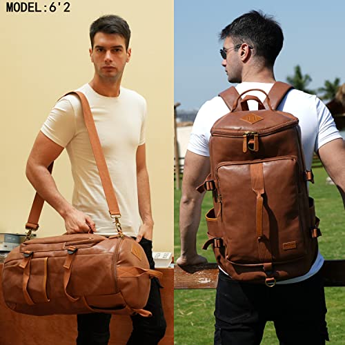 Baosha Stylish Vegan Leather Men Weekender Travel Duffel Tote Bag Backpack Travel Hiking Rucksack Overnight Bag 3-Ways Convertible HB-26 (Brown)