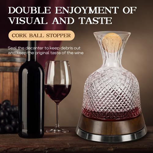 Tesonway Wine Decanter, Wine Carafe Decanter, Lead-free Crystal Glass Wine Decanters and Carafes with Stopper, 360° Rotating Decanter Wine, 1000ml Red Wine Decanter Set, Wine Gifts, Wine Accessories