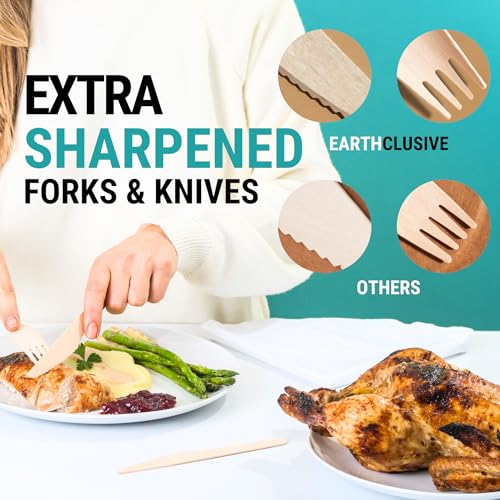 EarthClusive Disposable Wooden Cutlery Set - 300 pcs (150 Forks 100 Spoons 50 Knives) Compostable Utensils Set with Plastic-Free Packaging. Splinter-Free Compostable Cutlery Set for Parties & More