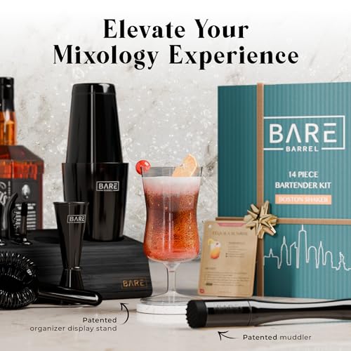 BARE BARREL® Mixology Bartender Kit Bar Set | 14-Piece Cocktail Shaker Set | Martini Barware Mixing Tools for Home Bartending | Incl. 35 Recipe Cards | Gift Set (28oz Boston Shaker, Jet Black/Black)