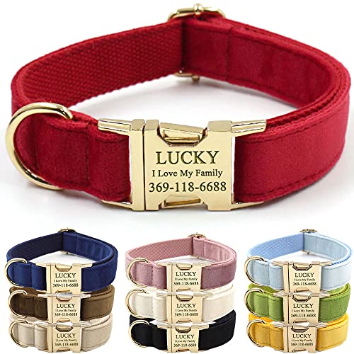 PETDURO Custom Dog Collar Personalized with Name Engraved Quick Release Rose Gold Metal Buckle for Large Medium Small Girl Dogs - Dog Leash and Bow Tie Available - Soft Comfy Velvet (Red, S)