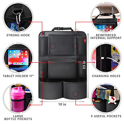 Helteko Backseat Car Organizer, Kick Mats Back Seat Protector with Touch Screen Tablet Holder, Back Seat Organizer for Kids, Travel Accessories with 9 Storage Pockets 2 Pack, Black