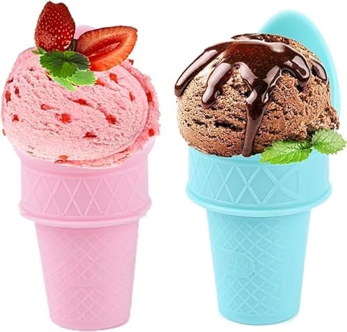 2pcs Ice Cream Cone Scoop,2024 NEW Ice Cream Cone Holder, Reusable Ice Cream Cones,Kids Ice Cream Cones Scoop,Plastic Ice Cream Snow Cone Rack, Food Grade Ice Cream Plastic Cup Spoon For Birthday