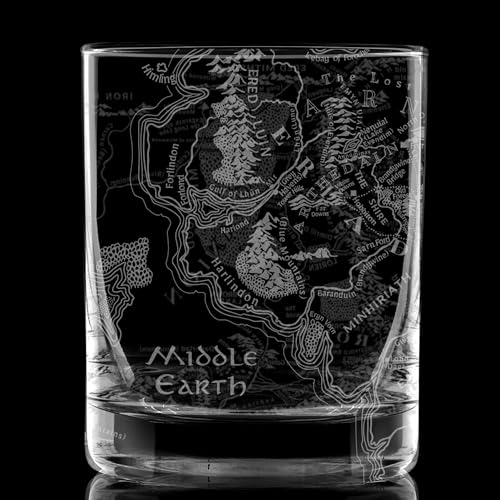 MAP OF MIDDLE EARTH Engraved Whiskey Rocks Glass | Inspired by The Hobbit, LOTR, Middle Earth, Tolkien Fantasy, & Rings of Power | Great Christmas Fantasy Gift & Bourbon Barware Drinking Decor!