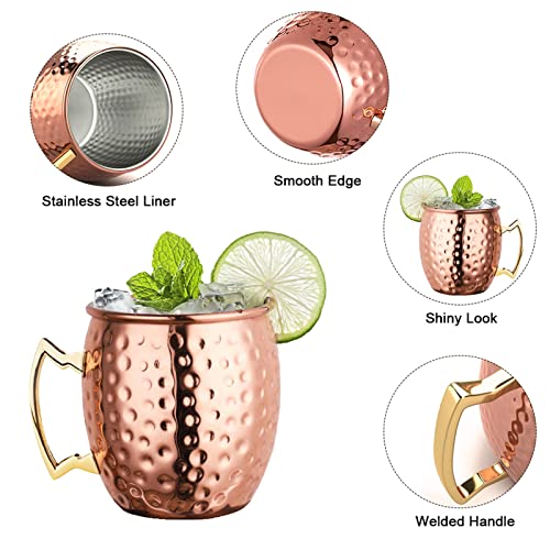 LIVEHITOP Moscow Mule Mugs Set of 4, Handcrafted Copper Cocktail Cups Kit 19.5 oz with Coasters for Cold Drink, Wine, Bar, Party, Hotel, Gift