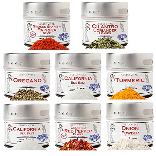 Pantry Starter Kit | Non GMO | Gourmet Spices And Salt | 8 Small Batch Herbs & Spices | Handpacked in Magnetic Tins | Gustus Vitae | #214